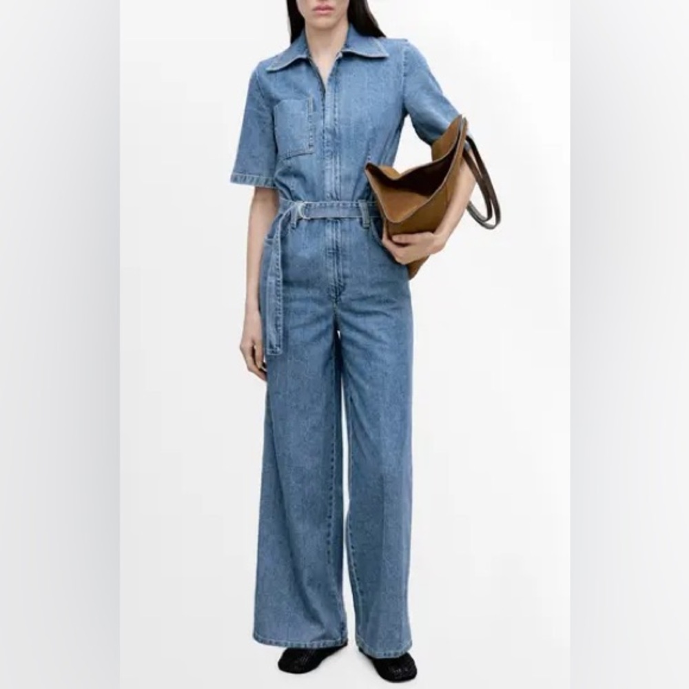 Mango Belted Wide Leg Denim Jumpsuit Size Medium Mid Blue Wash